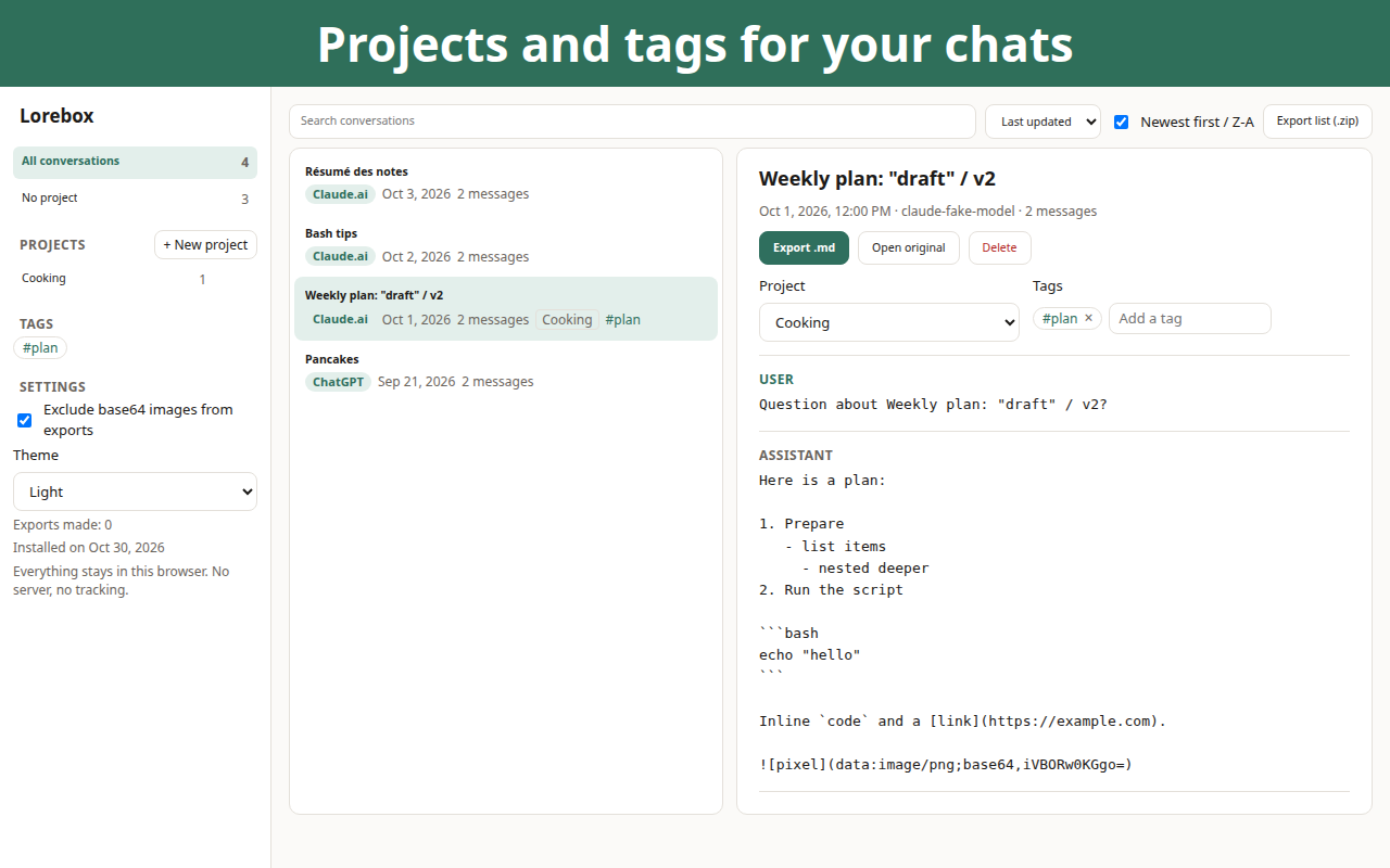 The Lorebox library: projects, colored tags and saved conversations